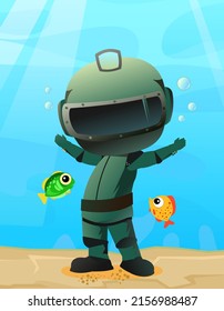 Diver in retro scuba gear finally here. Guy in underwater suit bottom of pond. Funny cartoon style. Extreme sports. Person in lake or sea. Air bubbles. Boy man swim. Vector.