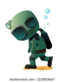 Diver in retro scuba gear goes sad. Guy in underwater suit bottom of pond. Funny cartoon style. Extreme sports. Person in lake or sea. Air bubbles. Boy man swim. Isolated on white background. Vector