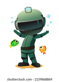 Diver In Retro Scuba Gear Happy. Guy In Underwater Suit Bottom Of Pond. Funny Cartoon Style. Extreme Sports. Person In Lake Or Sea. Air Bubbles.Isolated On White Background. Vector.