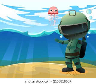 Diver in retro scuba gear with a jellyfish invites. Guy in underwater suit bottom of pond. Funny cartoon style. Extreme sports. Person in lake or sea. Boy man swim. Air bubbles. Vector