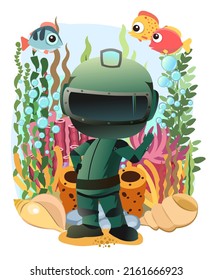 Diver in retro scuba gear near coral reefs. Guy in underwater suit bottom of pond. Funny cartoon style. Extreme sports. Person in lake or sea. Air bubbles. Boy man swim. Isolated on white. Vector.