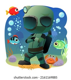 Diver in retro scuba gear record winner. With fish and crab. Guy in underwater suit bottom of pond. Funny cartoon style. Extreme sports. Person in lake or sea. Air bubbles. Boy man swim. Vector.