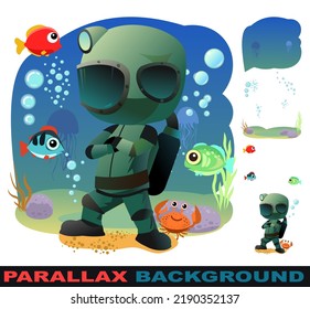 Diver in retro scuba gear record winner. Set parallax effect. With fish and crab. Guy in underwater suit bottom of pond. Person in lake or sea. Air bubbles. Boy man swim. Vector