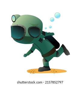 Diver In Retro Scuba Gear Running Slowly. Guy In Underwater Suit Bottom Of Pond. Funny Cartoon Style. Extreme Sports. Person In Lake Or Sea. Isolated On White Background. Boy Man Swim. Vector.