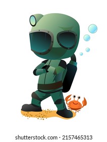 Diver In Retro Scuba Gear Stands On Sand With Crab. Guy In Underwater Suit Bottom Of Pond. Funny Cartoon Style. Extreme Sports. Person In Lake Or Sea. Isolated On White Background. Vector.