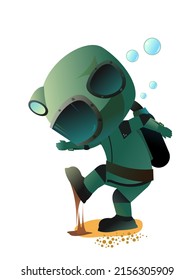 Diver In Retro Scuba Gear Stepped On Dirt. Guy In Underwater Suit Bottom Of Pond. Funny Cartoon Style. Extreme Sports. Person In Lake Or Sea. Isolated On White Background. Vector