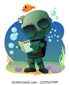 Diver In Retro Scuba Gear Studying Instructions. Guy In Underwater Suit Bottom Of Pond. Isolated On White Background. Funny Cartoon Style. Extreme Sports. Person In Lake Or Sea. Boy Man Swim. Vector.