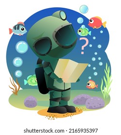 Diver in retro scuba gear studying route on map. Guy in underwater suit bottom of pond. Funny cartoon style. Extreme sports. Person in lake or sea. Air bubbles. Boy man swim Isolated on white Vector.