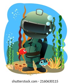 Diver in retro scuba gear surrounded by fish and algae. Guy in underwater suit bottom pond. Funny cartoon. Isolated on white background. Extreme sports. Person in lake or sea. Air bubbles. Vector.