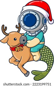 The diver is riding a deer half mermaid in the ocean at winter season of illustration