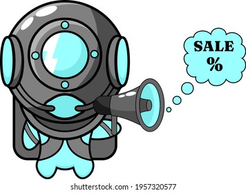 Diver sales mascot helmet, illustration of a cartoon character using a megaphone