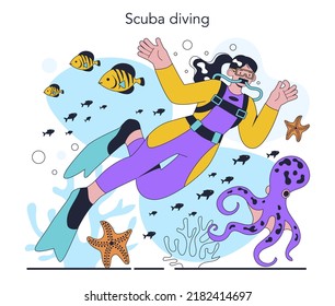 Diver. Scuba divers swimming with aqualungs underwate. Ocean exploration with sea grass, coral reef and fish. Flat vector illustration