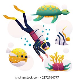 The diver with scuba diving equipment and animals, clownfish, turtle, blowfish and coral at under sea in cartoon character, vector illustration