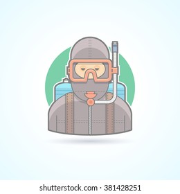Diver, scuba diving man with aqualung icon. Avatar and person illustration. Flat colored outlined style. Vector illustration.