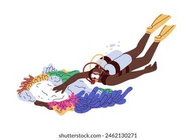 Diver at sea bottom. Underwater scuba diving with oxygen mask and tank, swimming to coral reef, exploring marine fauna under water, seabed. Flat vector illustration isolated on white background