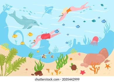 Diver in sea underwater, vector illustration. Man woman people character swim in ocean water, cartoon scuba activity with mask, equipment.