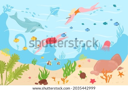 Diver in sea underwater, vector illustration. Man woman people character swim in ocean water, cartoon scuba activity with mask, equipment.