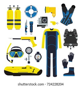 Diver and set elements for underwater sport. Illustrations of diving in flat style. Underwater equipment scuba and mask, snorkeling and tube