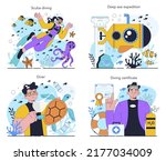 Diver set. Scuba divers swimming with aqualungs underwate. Ocean exploration with sea grass, coral reef and fish. Flat vector illustration