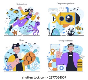 Diver Set. Scuba Divers Swimming With Aqualungs Underwate. Ocean Exploration With Sea Grass, Coral Reef And Fish. Flat Vector Illustration