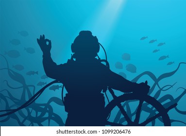 Diver with ship's steering wheel showing OK sign 