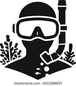 Ícone da silhueta do mergulhador com máscara e snorkel no fundo branco