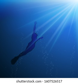 Diver silhouette underwater. Vektor illustration. 