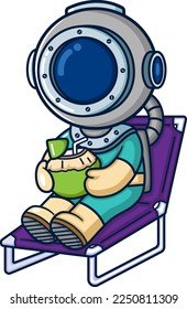 The diver sitting on beach chair and drinking coconut water of illustration