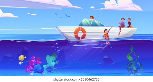 Diver snorkel in ocean for underwater treasure chest. Children swim to seabed with equipment in tropical adventure. Happy aquatic freediver snorkling in summer vacation. Boy dive under sea