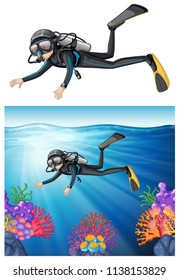 Diver snorkeling through a reef illustration