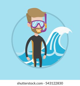 Diver standing in diving suit, flippers, mask and tube. Young caucasian diver enjoying snorkeling. Diver ready for snorkeling. Vector flat design illustration in the circle isolated on background.
