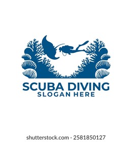 Diver and Stingray with coral reef logo vector. Underwater logo icon. Scuba Diving Logo Design Vector Template