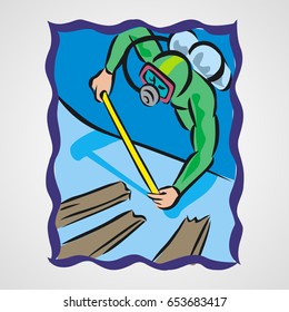 The diver study and research under the sea water vector catroon poster