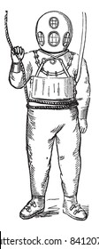 Diver in Surface-supplied Diving Equipment, vintage engraved illustration. Trousset encyclopedia (1886 - 1891).