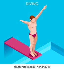 Diver swimmer trampoline springboard Sportsman Game Icon Set. 3D Flat Isometric Diving Swimming Pool Diver Sport People Competition Race. Summer Individual Sport Infographic events Vector Collection