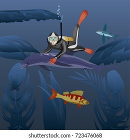 Diver swimming with dolphin in deep water of ocean vector illustration