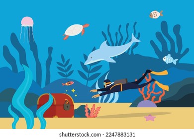 Buceador de natación encontrando caja del tesoro bajo el mar 2d concepto de ilustración vectorial para banner, sitio web, ilustración, página de aterrizaje, volante, etc