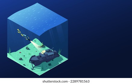 Diver swimming near sunken vessel. Man snorkeling deep under water and found wreck ship. Traveling, touristic sport activity, summer underwater hobby isometric design landing page. Vector illustration