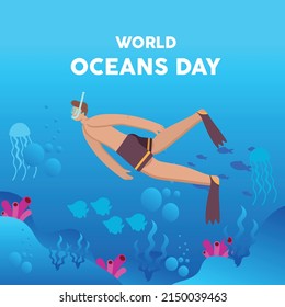 Diver swimming under water with fishes in coral reef sea pool. World Ocean Day. Colored vector illustration.
