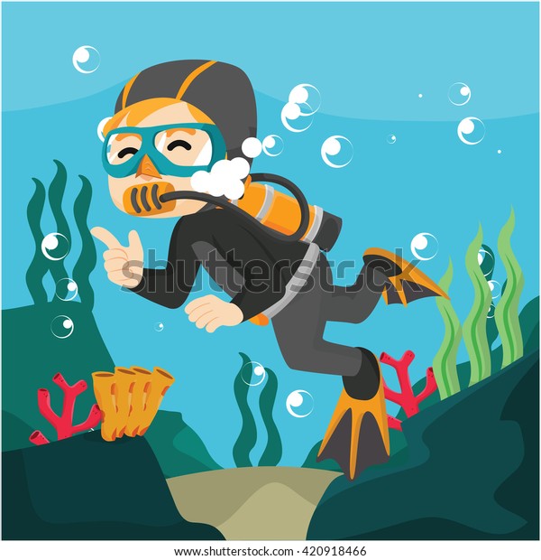 Diver Swimming Underwater Cartoon Illustration Stock Vector (Royalty ...