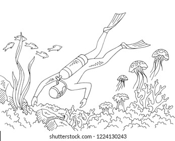Diver swimming underwater graphic sea black white sketch illustration vector