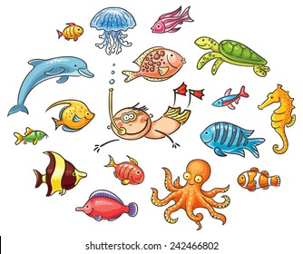 Diver Swimming Underwater Set Cartoon Sea Stock Vector (Royalty Free ...