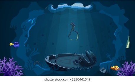 Diver swims deep underwater at dark blue water. Exploring wreck ship poster. Sunken boat on sea bottom with coral reef and fishes. Snorkeling in cave with sunbeams under water. Vector illustration