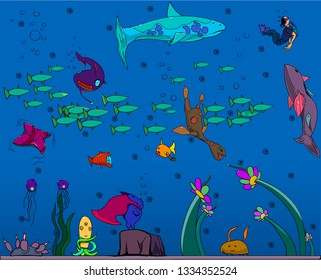 A diver swims in a large underwater space. Next to him are many large and small fish.
