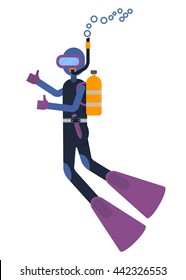 Diver swims under water. Scuba diving sport and tourist attraction. Underwater equipment.  Cartoon flat vector illustration. Objects isolated on a white background.