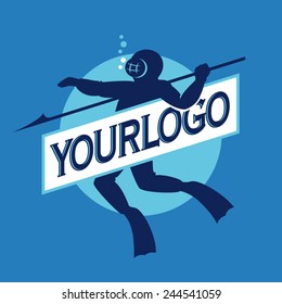 Diver taking harpoon, underwater fishing, logo template