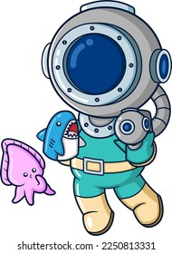 The diver tells a shark story to a cuttlefish while playing of illustration