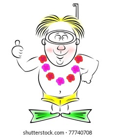 Diver - a tourist on the beach with a mask, fins and Hawaiian necklace.