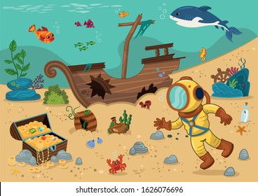 Diver and treasure chest. Vector illustration.