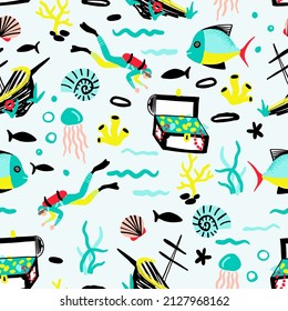 Diver Treasure Hunt Underwater Kids Vector Seamless Pattern